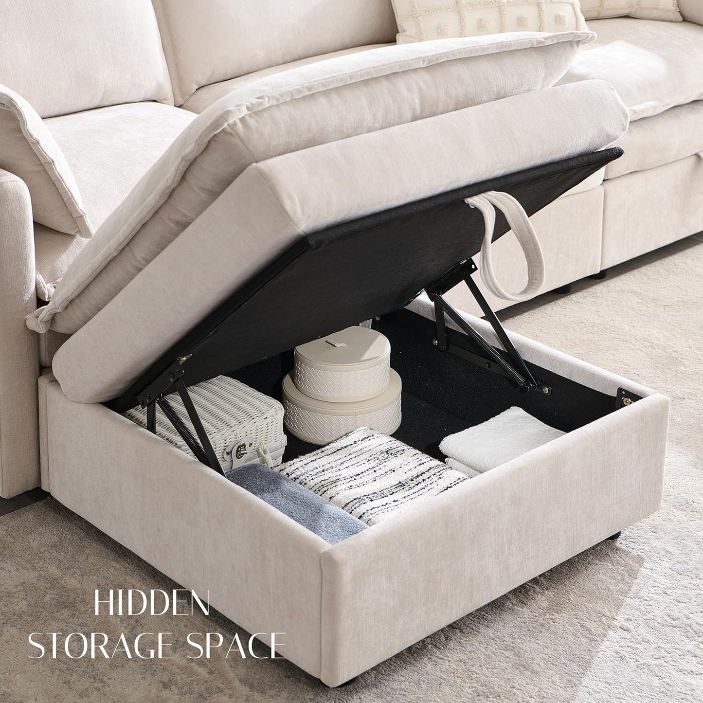 88.98" Sectional Couches for Living Room, Cloud Couch Sectional with Large Storage, L-Shape Modular Sectional Sofa with Ottoman, 4 Seater Chenille Sofa with Pillow for Apartment, Bedroom, Beige