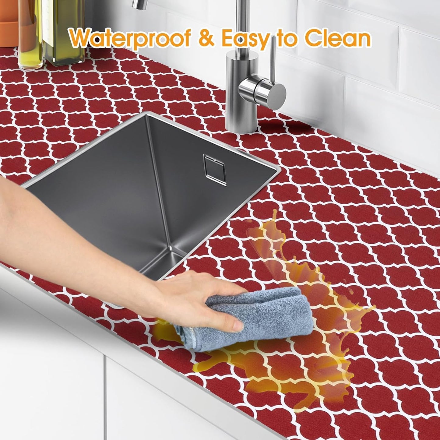 Shelf and Drawer Liner for Kitchen Cabinets Non-Adhesive, Strong Grip Non-Slip Thickened Cabinet Liners for Shelves, Waterproof Mats for Dresser Cupboard, Red/White, 17 in x 30 Feet