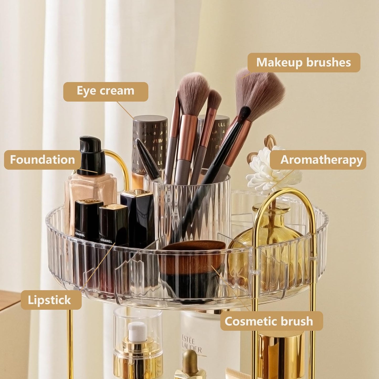 YCIA&DONE Rotating Makeup Organizer for Vanity, Large Capacity Make Up Storage Skin care Shelf Perfume Holders Cosmetic Dresser Organizer Countertop Spinning 360 (White Clear, 2Tiers)