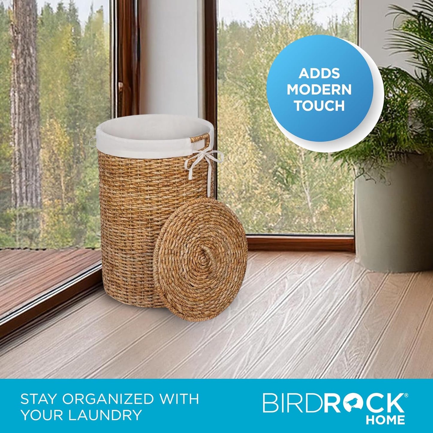 BIRDROCK HOME Seagrass Laundry Hamper with Lid & Liner - Handwoven Round Basket with Handles for Laundry/Dirty Clothes - Organizer, Storage, Shelves, Bin in Bathroom, Bedroom & Laundry Room - Natural