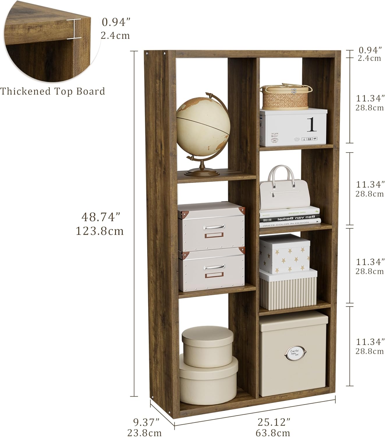 Cube Storage Organizer Bookcase, Decorative 11 inch Open Back Cubical Shelf with Thickened Border, Display Bookshelf for Living Room, Home Office, Sturdy Room (Brown, 7 Cube)