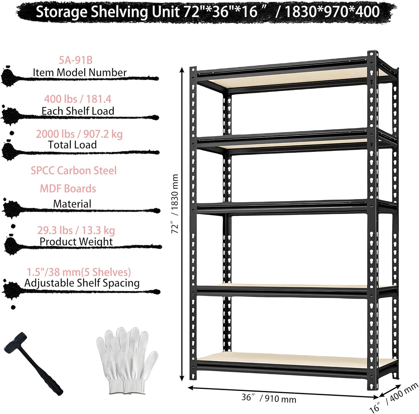 Storage Shelving Unit Heavy Duty Garage Shelves Metal Utility Rack for Kitchen Pantry Basement Pantry Warehouse Laundry Black 72" H x 36" W x 16" D 5-Tier 2000LBS