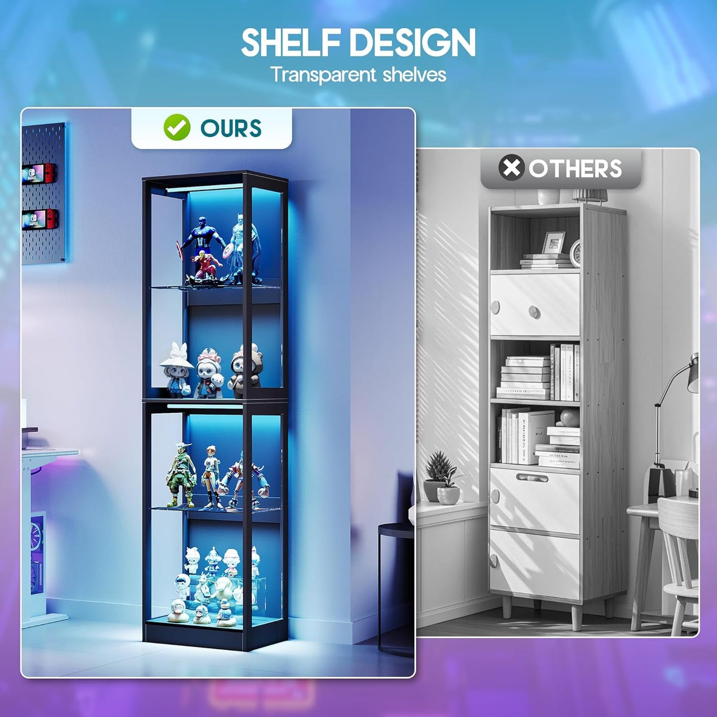 AMERLIFE RGB Display Cabinet with Adjustable Shelves, 4-Tier Storage Case with LED Lights, Modern Display Shelf for Collectibles, Black 70" H×18" L×14" D