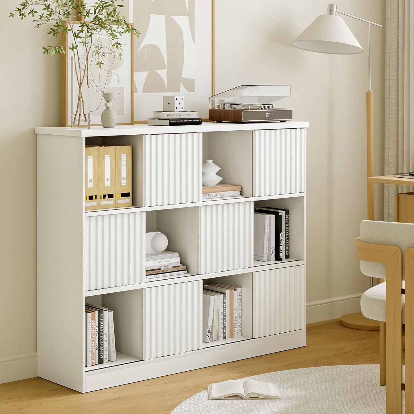 iPormis 12 Cube Bookcase with 6 Fluted Sliding Doors, 3 Tier Wooden Bookshelf, 47.2” Freestanding Cube Storage Organizer for Living Room, Office, Bedroom, Semi-Open Bookshelves, White