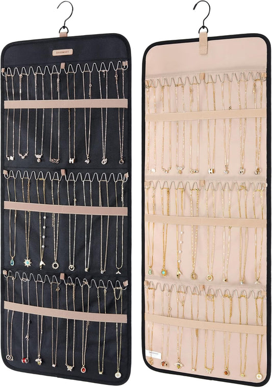 BAGSMART Hanging Necklaces Organizer Jewelry Holder Storage Roll with Hanger Metal Hooks Double-Sided Jewelry Organizer for Necklaces, Bracelets on Closet, Wall, Door, 1 piece, Large Black