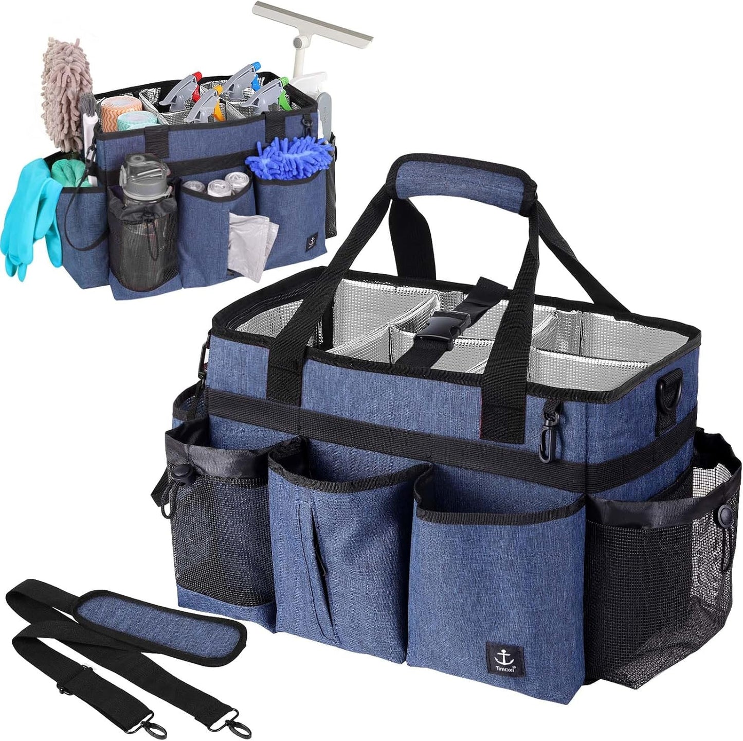 Large Wearable Cleaning Caddy Bag with Detachable Divider, Cleaning Organizer with Handles, Cleaning Supply Tote with Adjustable Shoulder Strap&Waist Belt for Cleaners & Housekeeper (Blue)