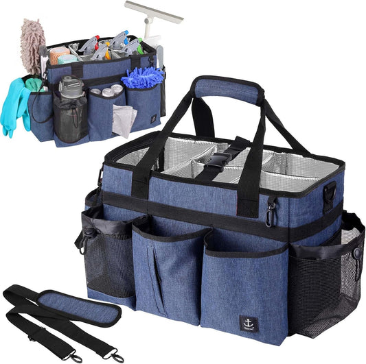 Large Wearable Cleaning Caddy Bag with Detachable Divider, Cleaning Organizer with Handles, Cleaning Supply Tote with Adjustable Shoulder Strap&Waist Belt for Cleaners & Housekeeper (Blue)