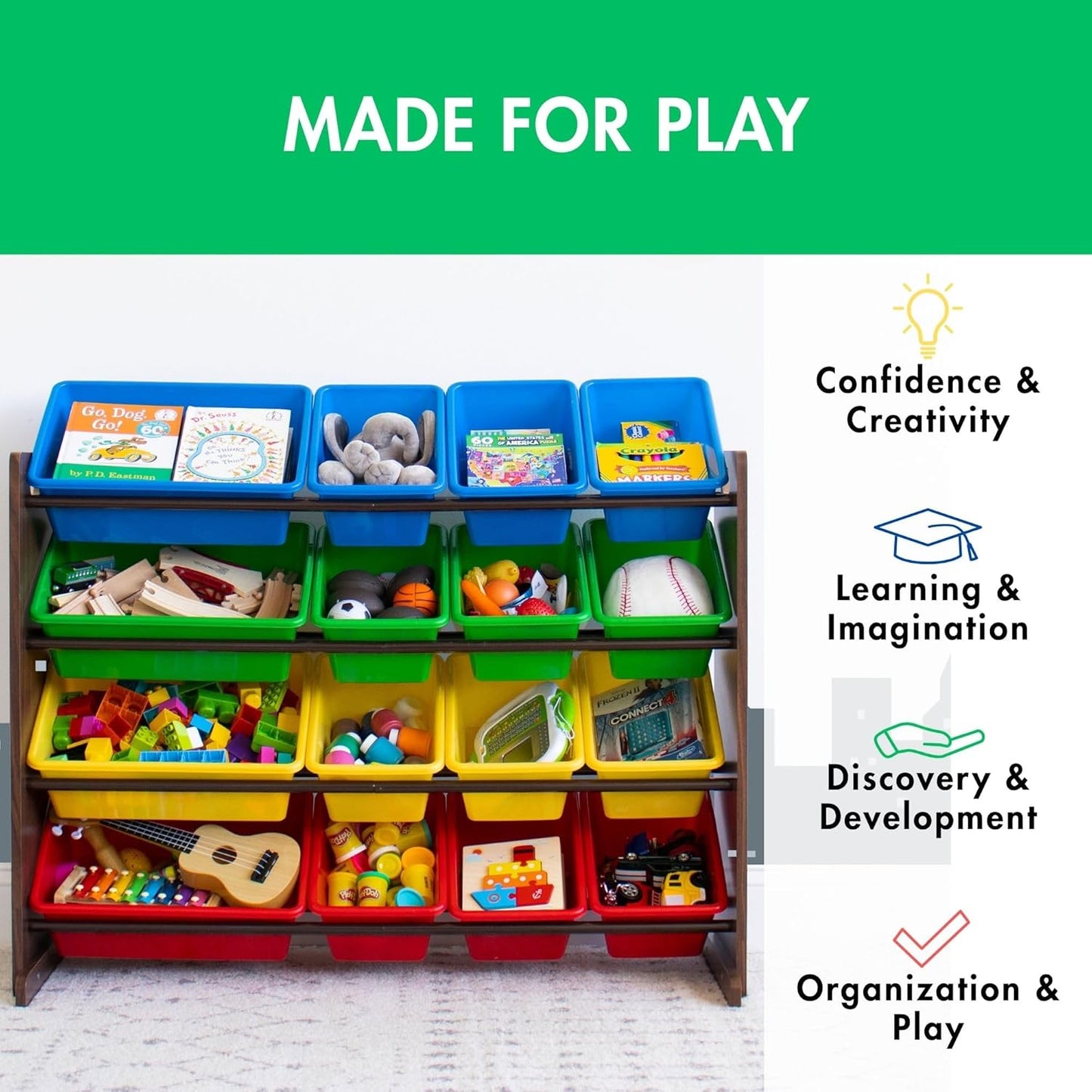 Humble Crew Supersized Toy Storage Organizer with 16 Removable Bins, Walnut/Primary – Large Toy Storage for Toddlers Ideal for Kids' Rooms, Playrooms, and Nurseries - Modern Toy Bins for Kids