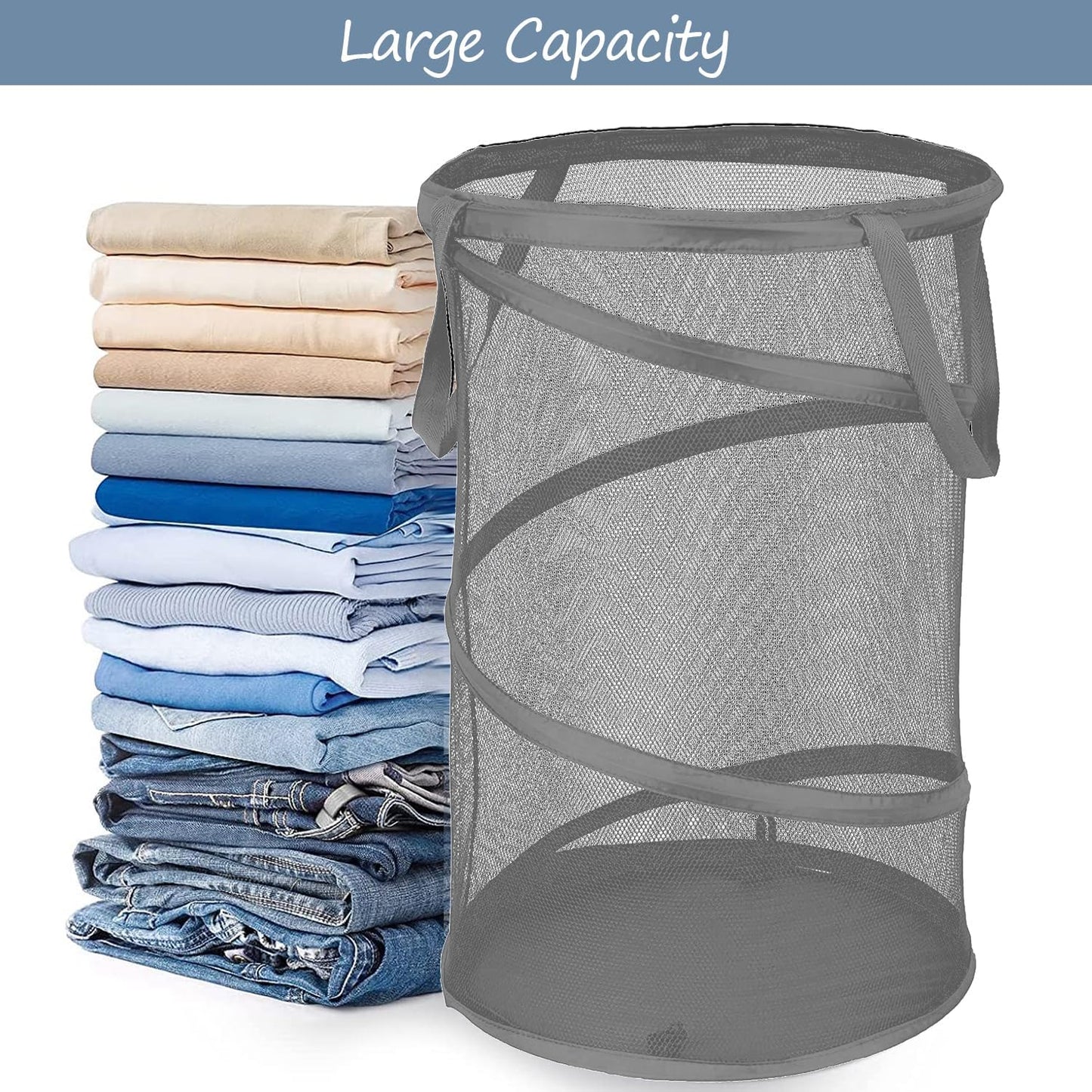 BATTOO Collapsible Laundry Baskets, Foldable Mesh Pop Up Hamper, Portable Laundry Basket Hamper with Handles for Laundry, Bathroom, Kids Room, College Dorm, Travel, Storage Organizer Grey