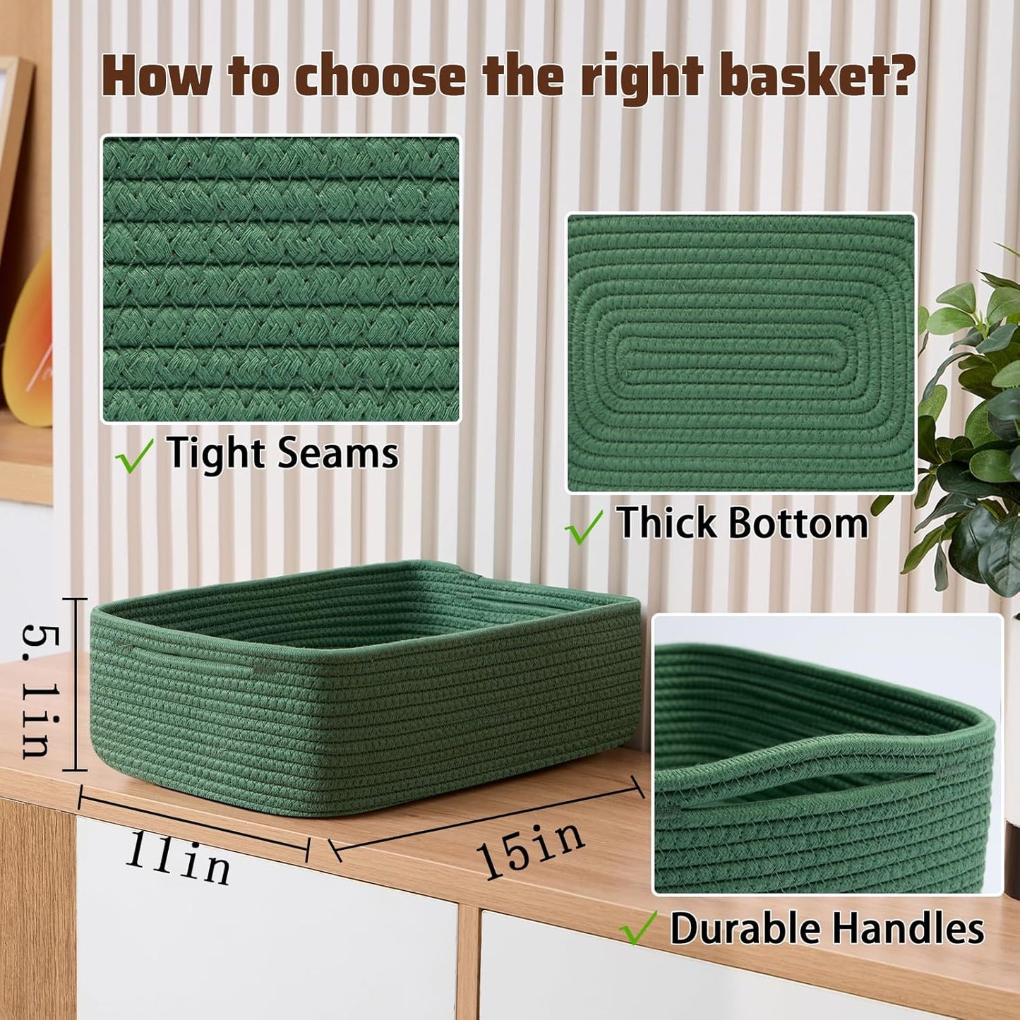 Large Shallow Organizing Baskets 15x11x5.1 Inches - Rope Woven Storage Bins for Bathroom, Shelves, Cube Closet, Green 3 Packs