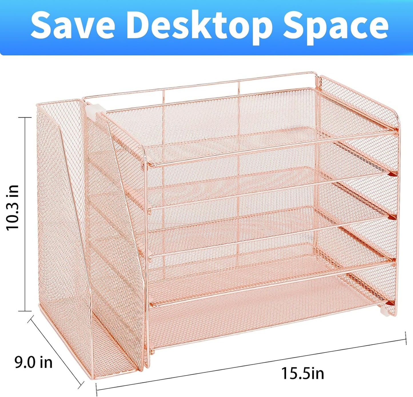 OPNICE 5-Tier Paper Organizer with Magazine Holder, Desk Organizers and Accessories, Office Desk Accessories & Workspace Organizers, Desktop File Organizer for Office Supplies Storage, Rose Gold