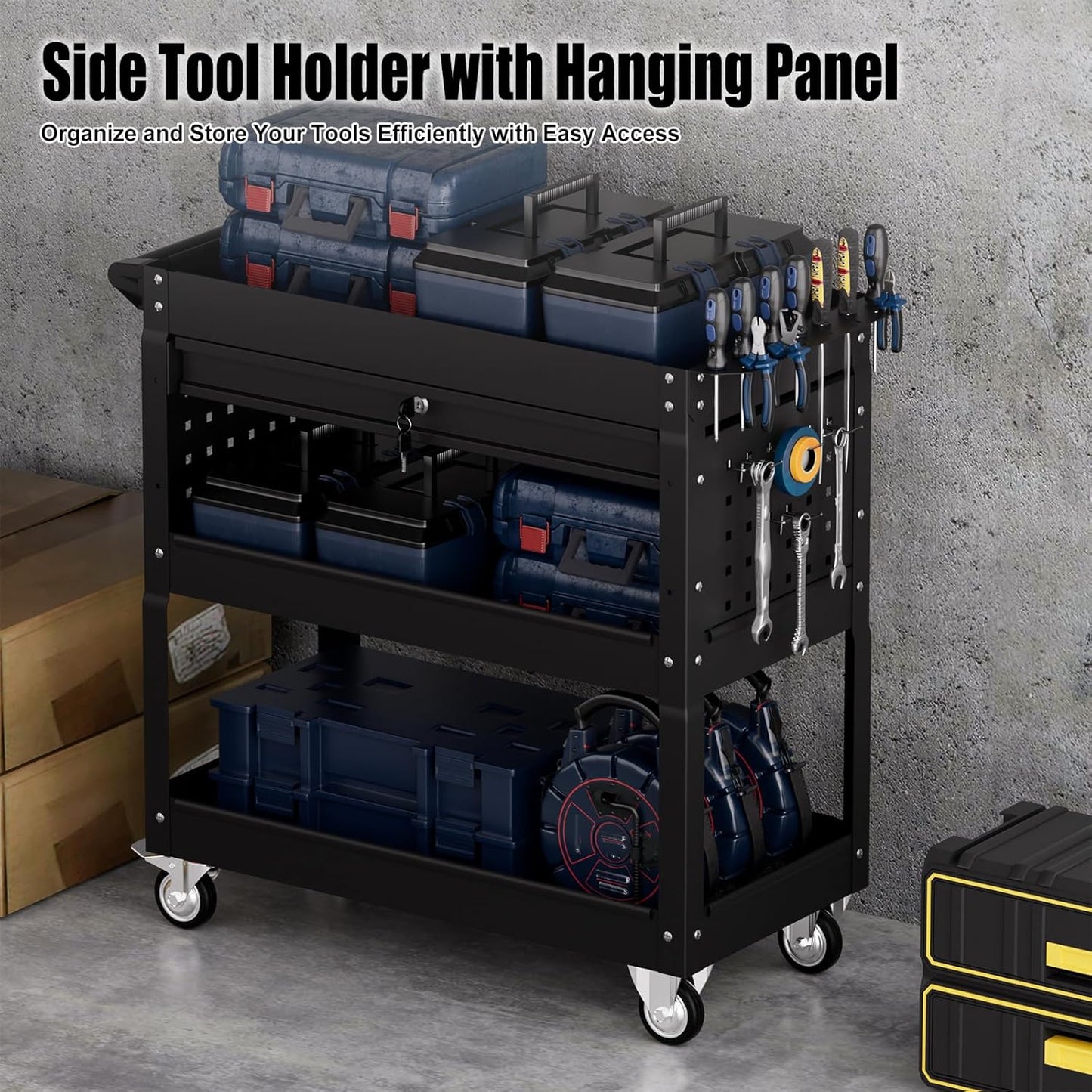 3 Tier Heavy Duty Tool Cart, Mechanic Metal Rolling Tool Cart 900 Lbs Work Cart with Locked Drawers & Pegboard for Garage Workshop