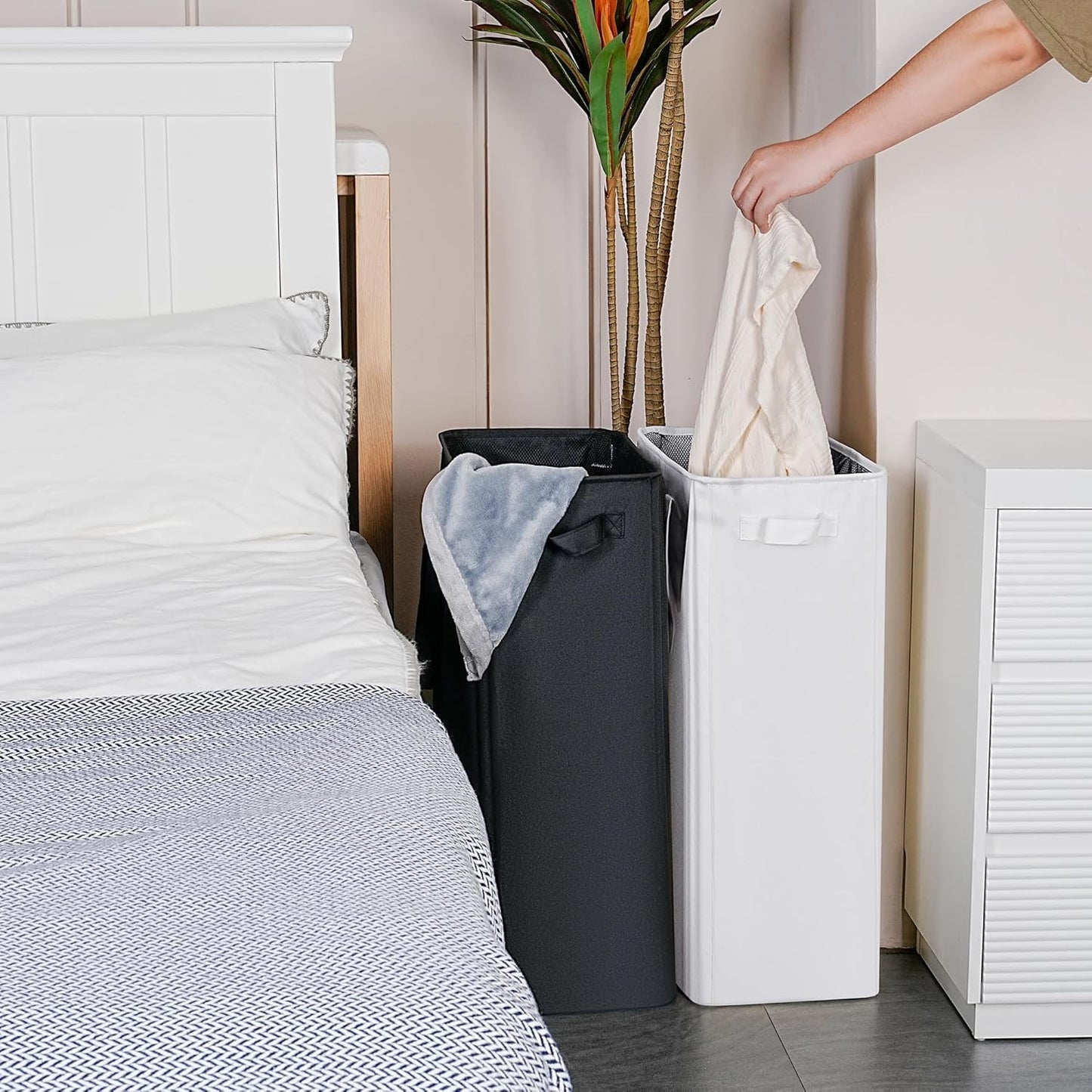 efluky Slim Laundry Basket, Narrow Laundry Hamper with Handles, Collapsible Dirty Clothes Hamper, Tall Laundry Bin for Laundry Room, Dorm and Bedroom, 12.7 Gallons(75L) White