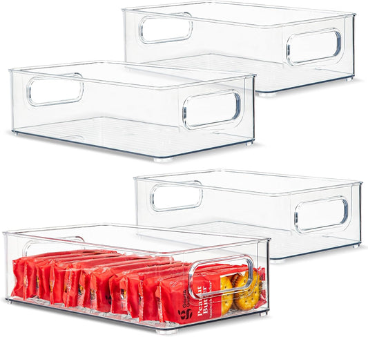 primebox Plastic Food Storage 4 Pack Clear Container Bin with Handles for Organizing Kitchen, Pantry, Refrigerator, Freezer, Pantry, Cabinet, Closet, Bathroom. Stackable 10”x6”x3”
