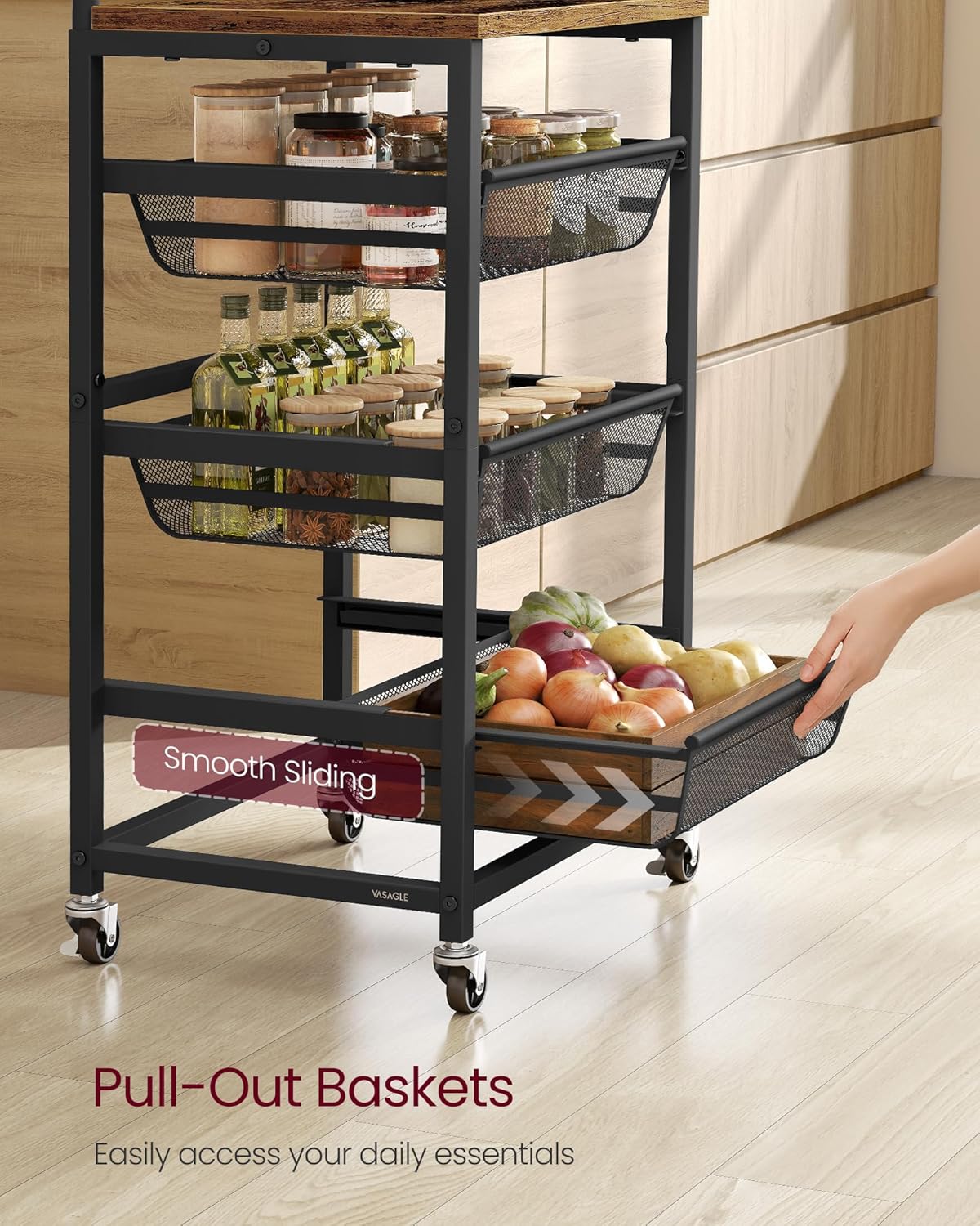 VASAGLE Storage Cart with Pull-Out Baskets, 4-Tier Kitchen Cart with Wheels, Handle, 12.5 x 15.8 x 29.9 Inches, Rustic Brown and Ink Black ULRC040K01