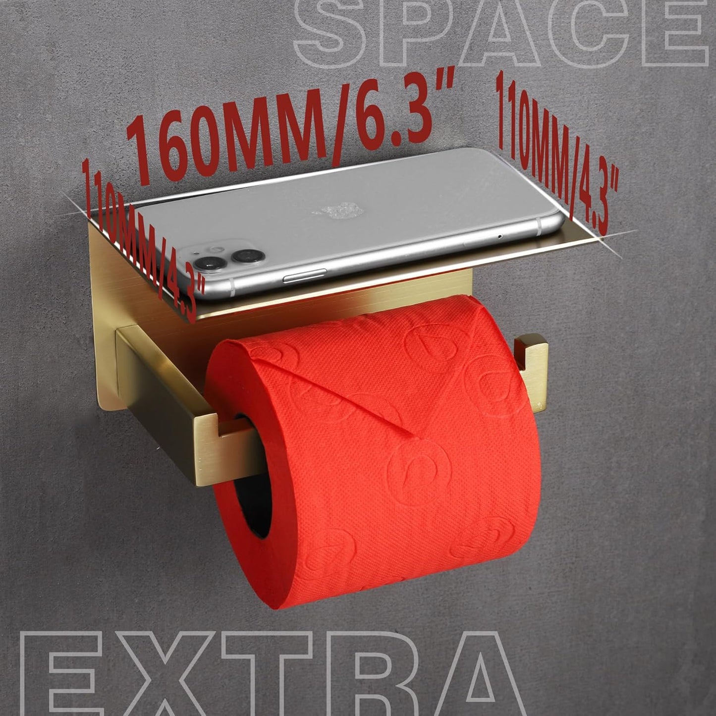 LANC Gold Toilet Paper Holder with Shelf Brushed Gold Toilet Tissue Roll Holder with Phone Shelf for Bathroom Wall Mounted and Self-Adhesive Toilet Paper Roll Holder Stainless Steel, A8367BG