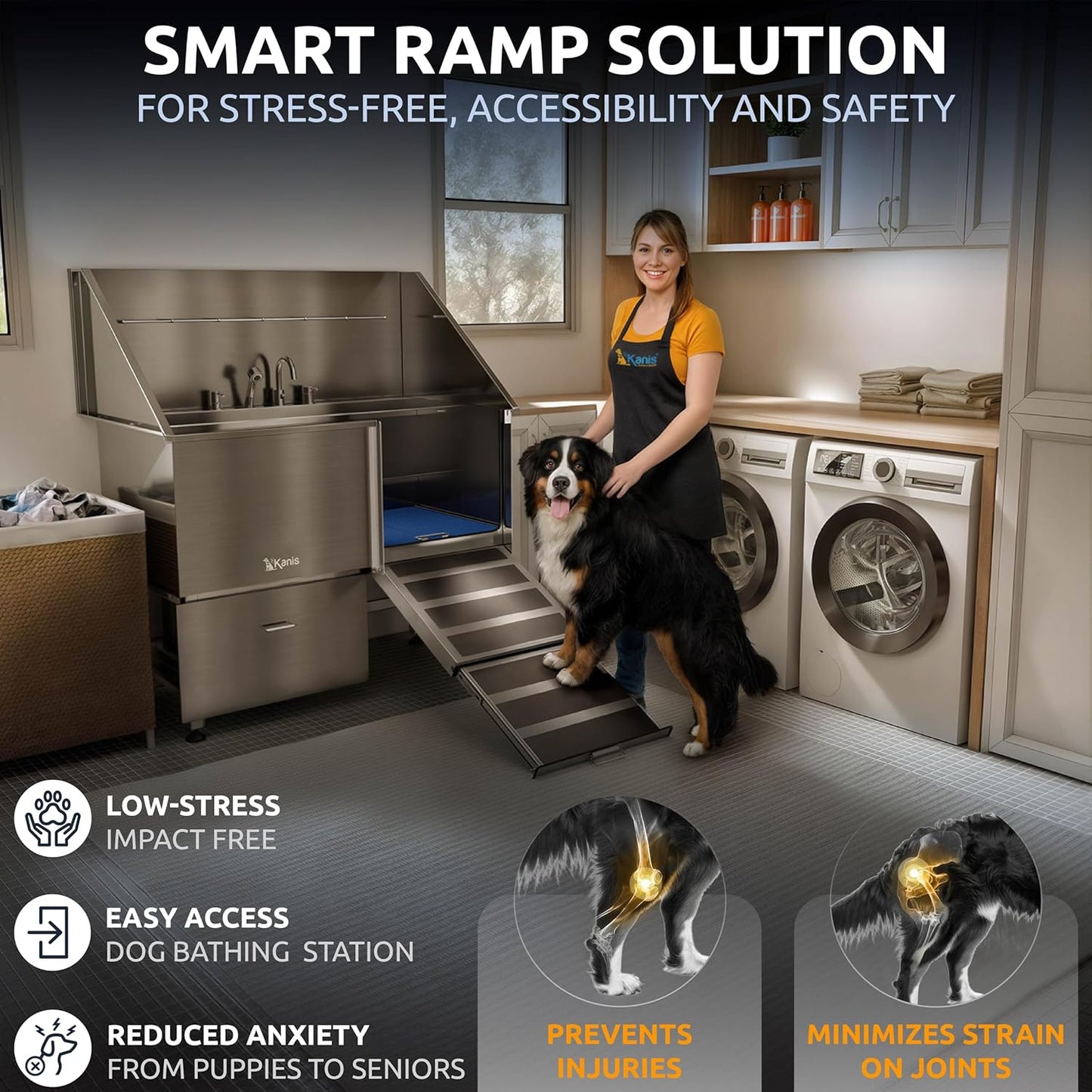 KANIS Professional Dog Washing Station - 304 Stainless Steel Pet Wash Sink & Grooming Bathtub w/Shower, Floor Grates and Storage for Large, Medium & Small Pets (50", 1 Drawer - Right Ramp)