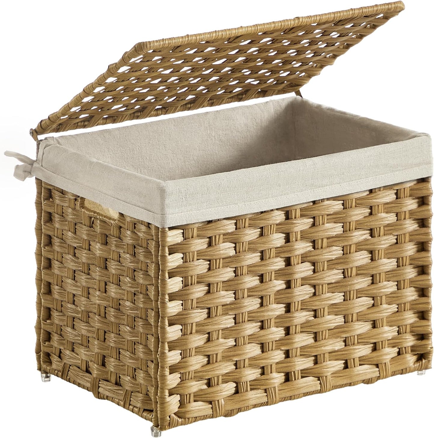 SONGMICS Storage Basket with Lid, Woven Blanket Storage Bin with Handles, Foldable, Removable Liner, Metal Frame, for Bedroom, Laundry Room, 9.2 Gallons (35 L), Natural URST040YE01