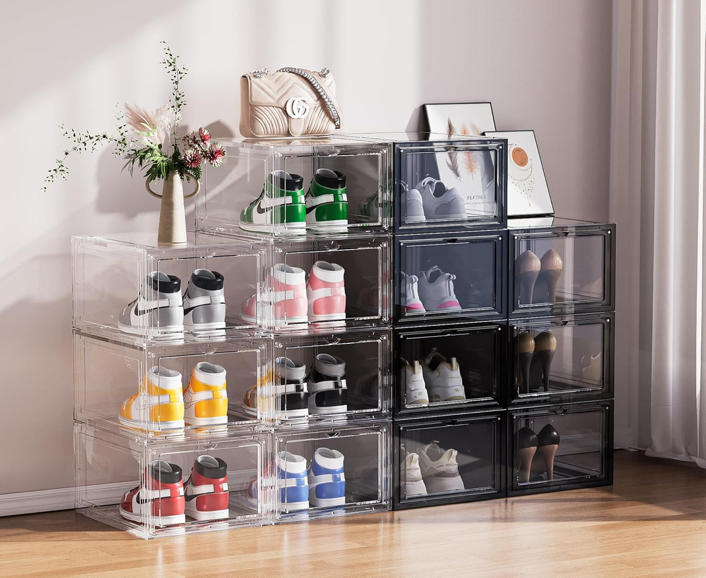 Shoe Storage Boxes Organizers Clear Acrylic Stackable 6 Pack, Shoe Rack & Holder Substitute, Sneaker Containers, Toy Storage Organizer Bins for Entryway, Closet, Under Bed (Black, L)