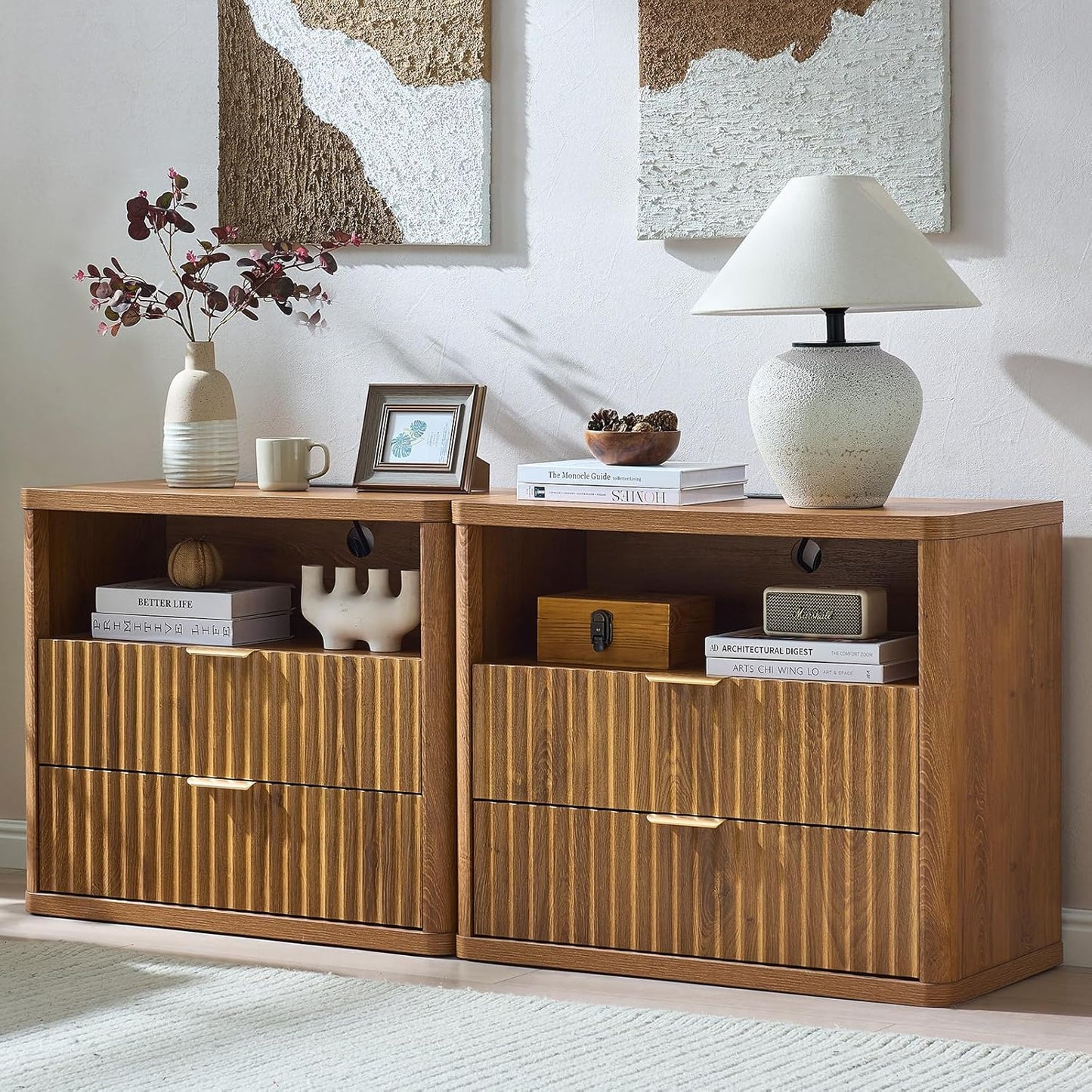 LEYAOYAO 31" Wide Fluted Nightstand Set of 2 with Charging Station, Oversized Extra Large 2 Drawers Night Stand,Brown Wood Bedside Table,Tall End Tables,Modern Chest of Drawers Dressers for Bedroom