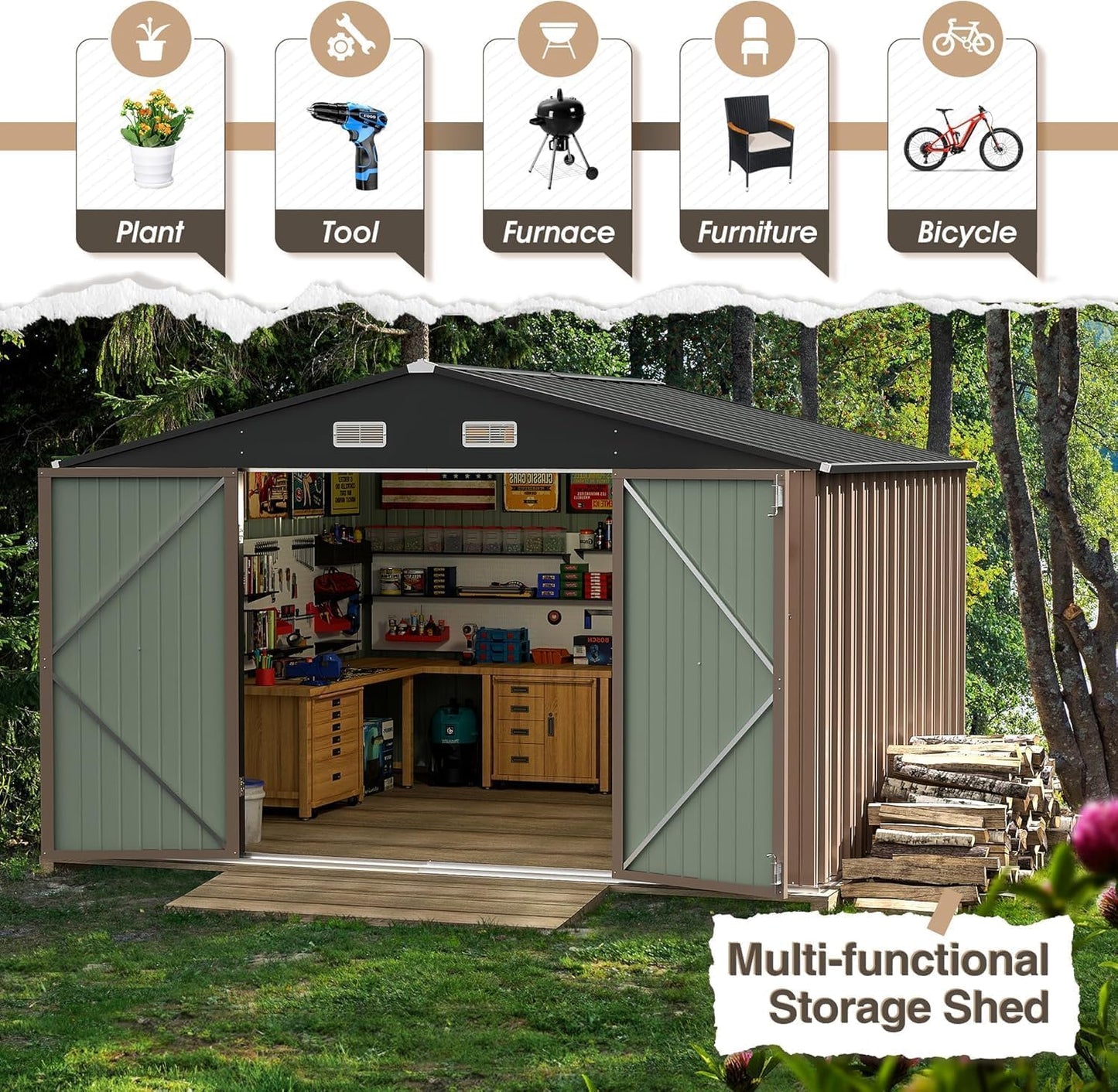 Furniwell 10x10 FT Outdoor Storage Shed, Metal Garden Sheds Outdoor Storage House with Single Lockable Door for Backyard Patio Lawn, Brown