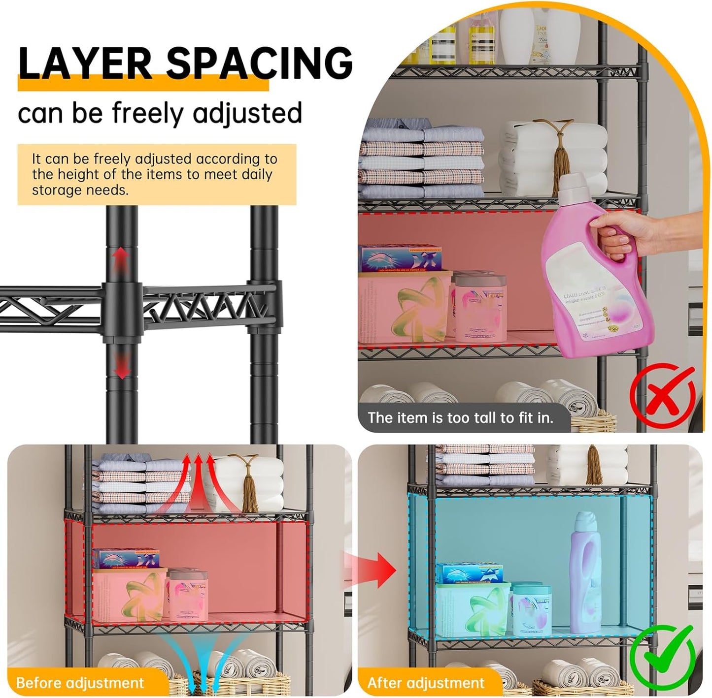 SINGAYE Shelf Closet Wire Shelving：Adjustable Metal Unit for Laundry Room Organization Bathroom Kitchen Home Storage with Wheels Pantry Rack Shelves