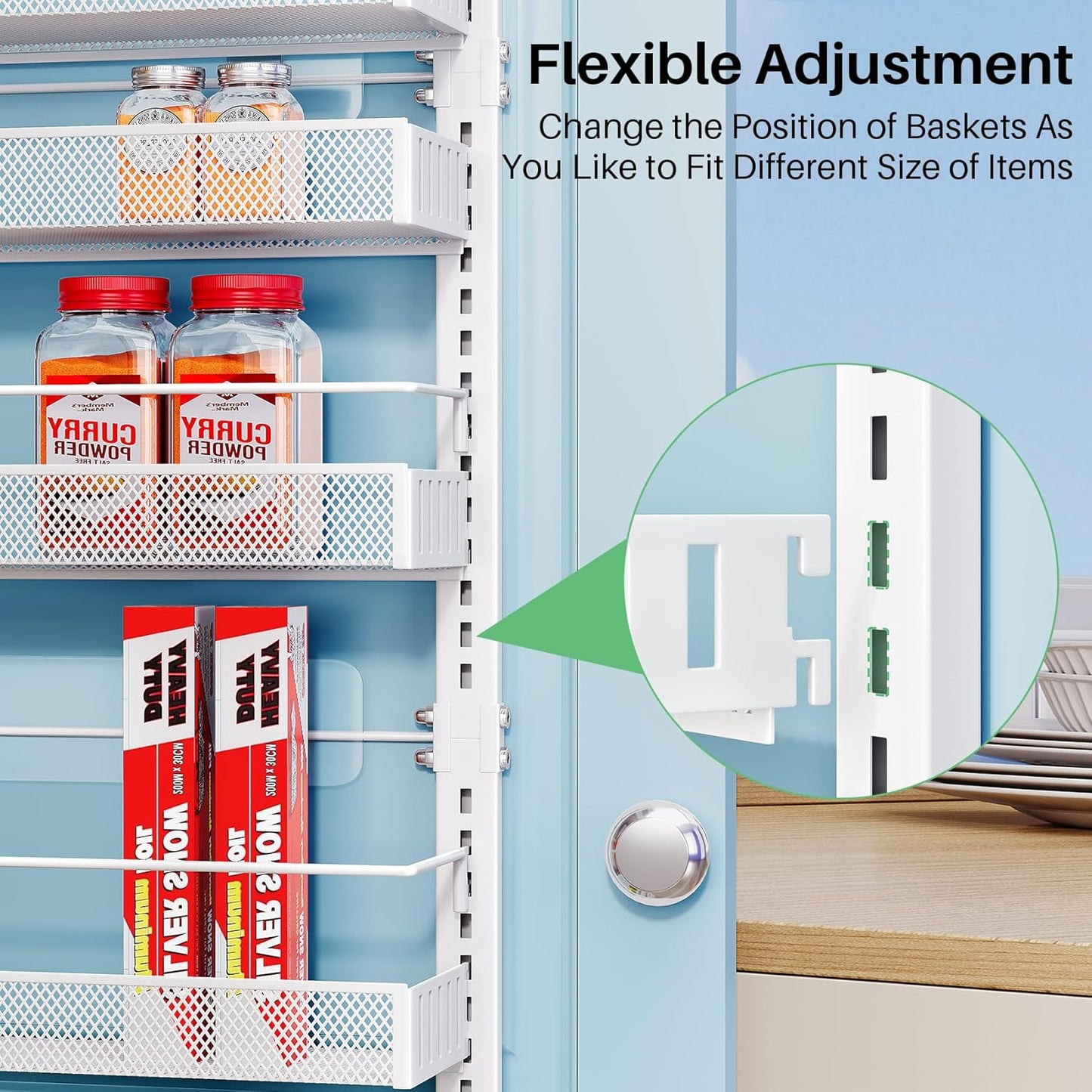 SNTD Over the Door Pantry Organizer - 8 Tier Adjustable Pantry Door Spice Organizer, Large Capacity Hanging Door Spice Rack for Kitchen Pantry Organizers and Storage (White, 17" W x 6" D x 69" H)