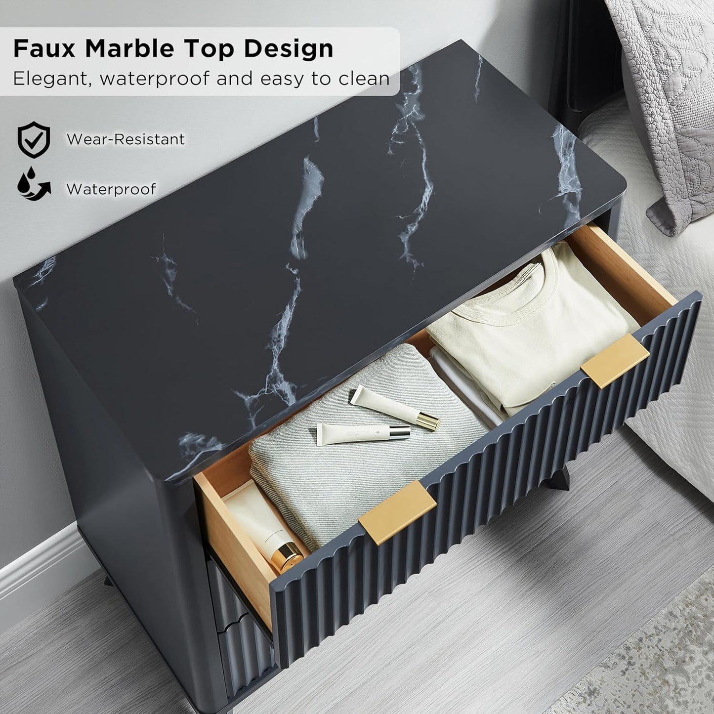 T4TREAM Fluted 3 Drawers Nightstand, Oversized Extra Large Modern Side Table with Faux Marble Top, End Table Bedside for Bedroom, Living Room, Curved Profile Design, Dark Grey