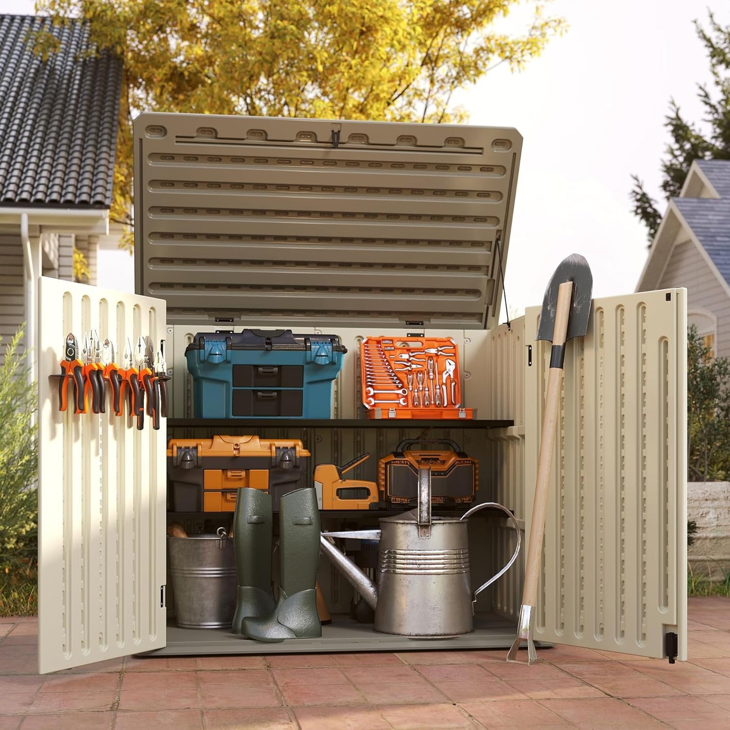 EHHLY Horizontal Resin Storage Shed, 47 Cuft Garden Tool Sheds & Outdoor Storage, Outdoor Plastic Storage Cabinet Waterproof, 4.5 x 2.8 ft Backyard Outside Lawn Mower Storage Shed, Vanilla