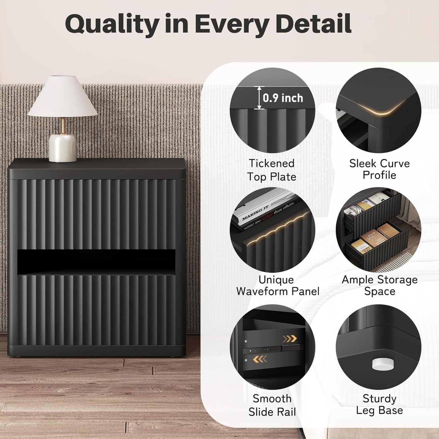 Dripex Fluted Nightstand with 2 Drawers, Large Wide Wood Night Stand Bedside Tables for Bedroom, Mid-Century Modern Storage Bed Side Table, End Tables for Living Room Sofa Couch, Black, Set of 2