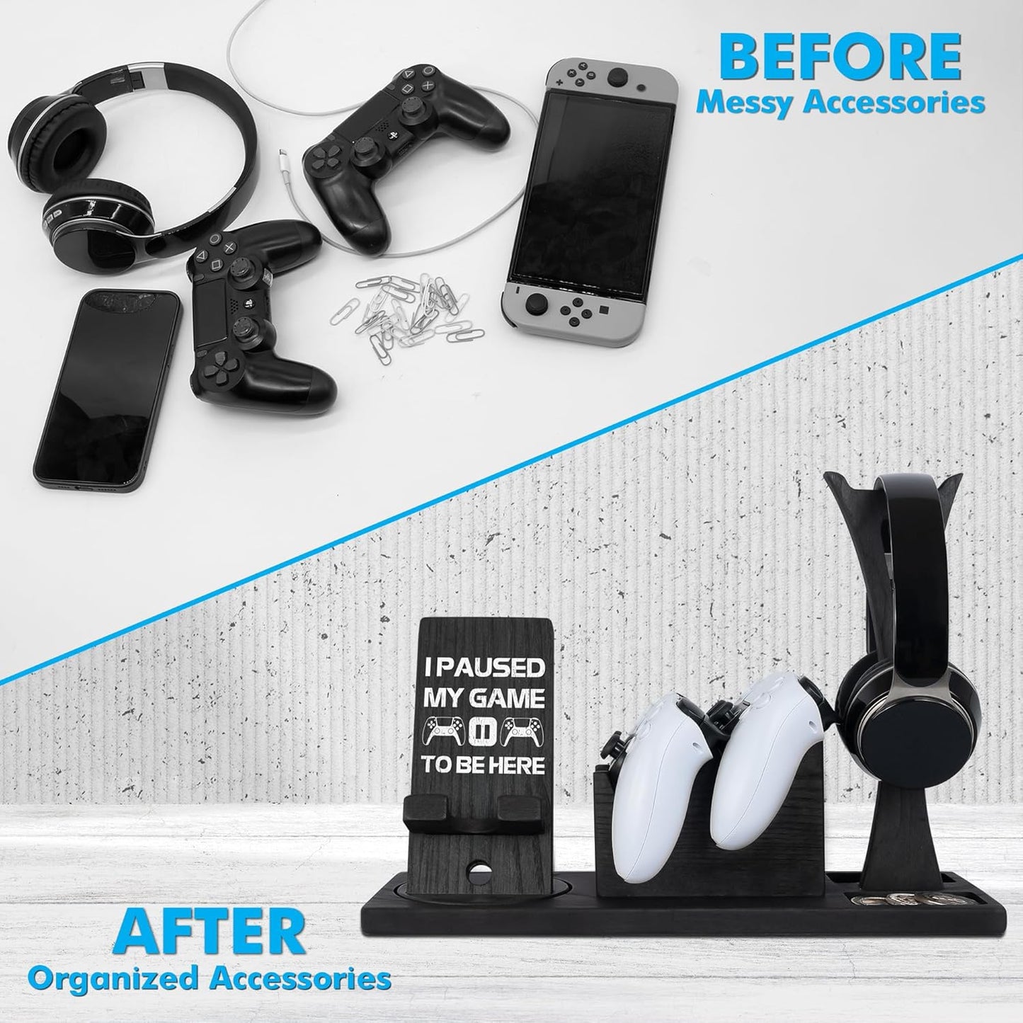 Gaming Accessories Organizer with Headphone Holder, Rotatable Phone Stand & Controller Stand - Unique Gamer Gifts Controllers Holders Gaming Equipment, Gifts for Gamers Controller Holder