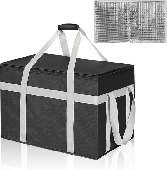 XXXL Insulated Food Delivery Bag with Removable Hard Bottom, Reusable Insulated Grocery Bag for Hot and Cold Food, Catering Cooler for Doordash, Warmers, Parties (Black,1 Pack)