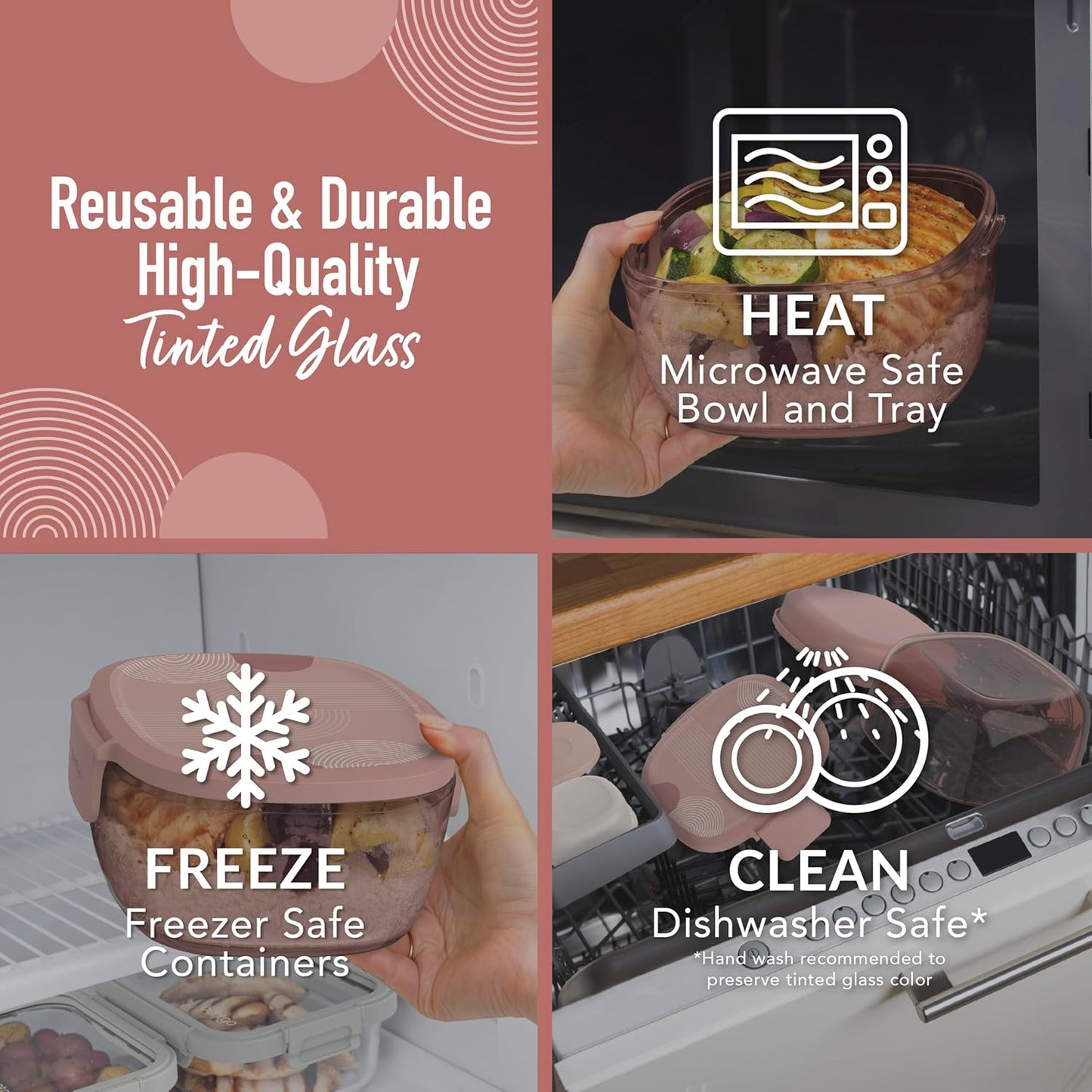 Bentgo Glass Prints All-in-One Salad Container - 61oz Tinted Glass Salad Bowl with Lid, Bento-Style Tray, Sauce Container, & Reusable Fork - Dishwasher & Microwave Safe (Mod Curve - Desert Rose)