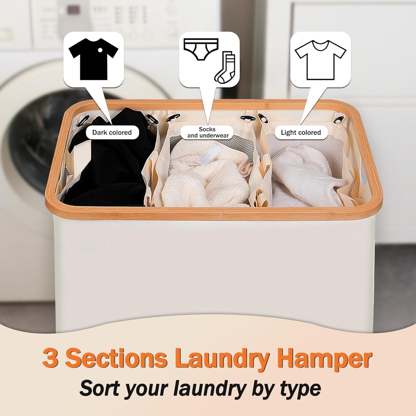 efluky Laundry Hamper with Lid, Trio Laundry Hamper with 3 Removable Bags, 3 Section Laundry Basket with Bamboo Handles for Bathroom, Bedroom & Laundry Room, 160L Beige