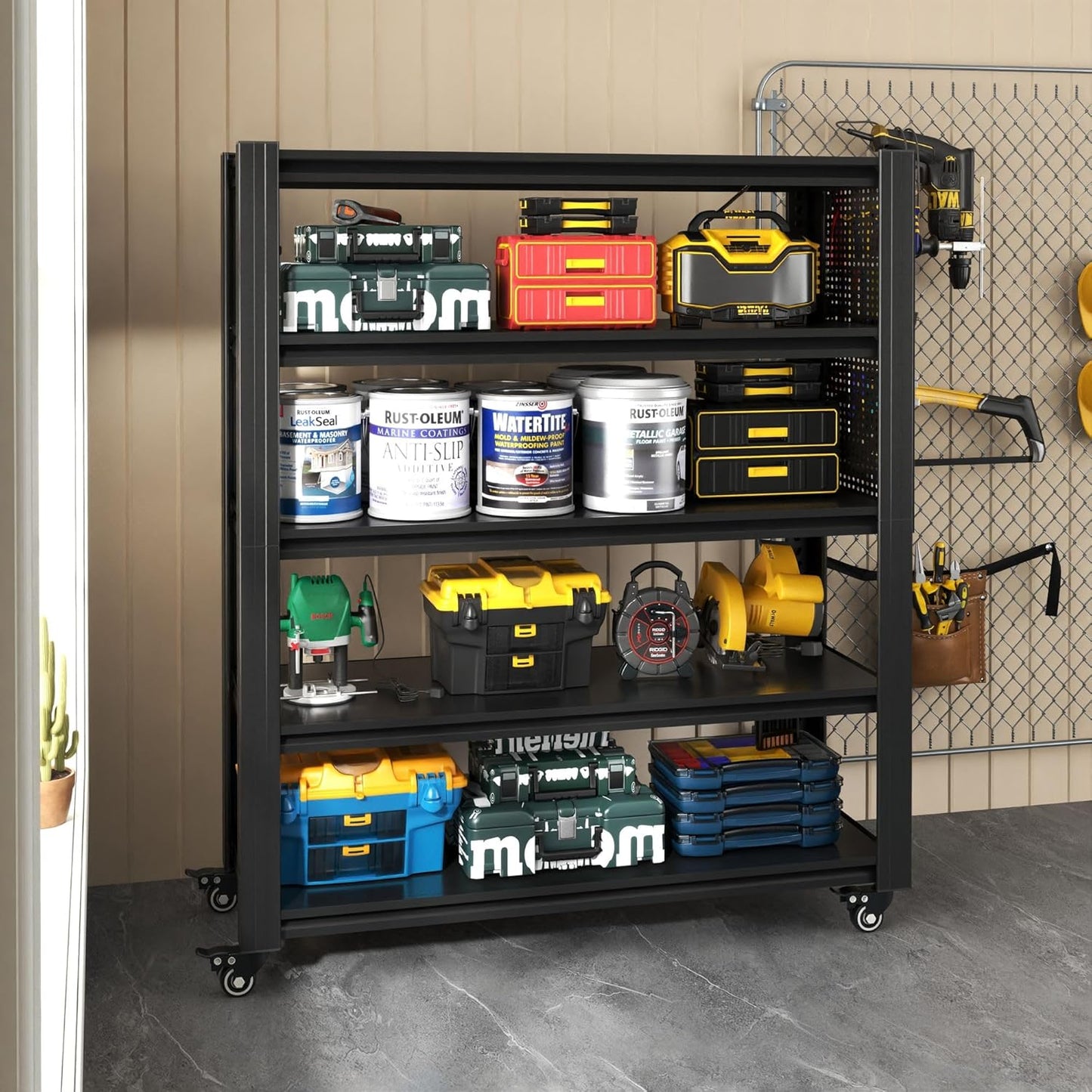 72" H 5 Tier Adjustable Shelving Unit with Pegboard & Wheels - Heavy Duty Metal Storage Rack for Garage, Warehouse, Office - 2000LB Capacity, Tool-Free Assembly (23.6" D x 47.2" W)