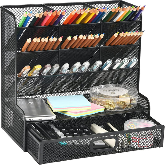 Marbrasse Mesh Pen Holder for Desk, Multi-Functional Pencil Organizer with Drawer, Desk Organizers and Accessories for Office Art Supplies (Large Black)