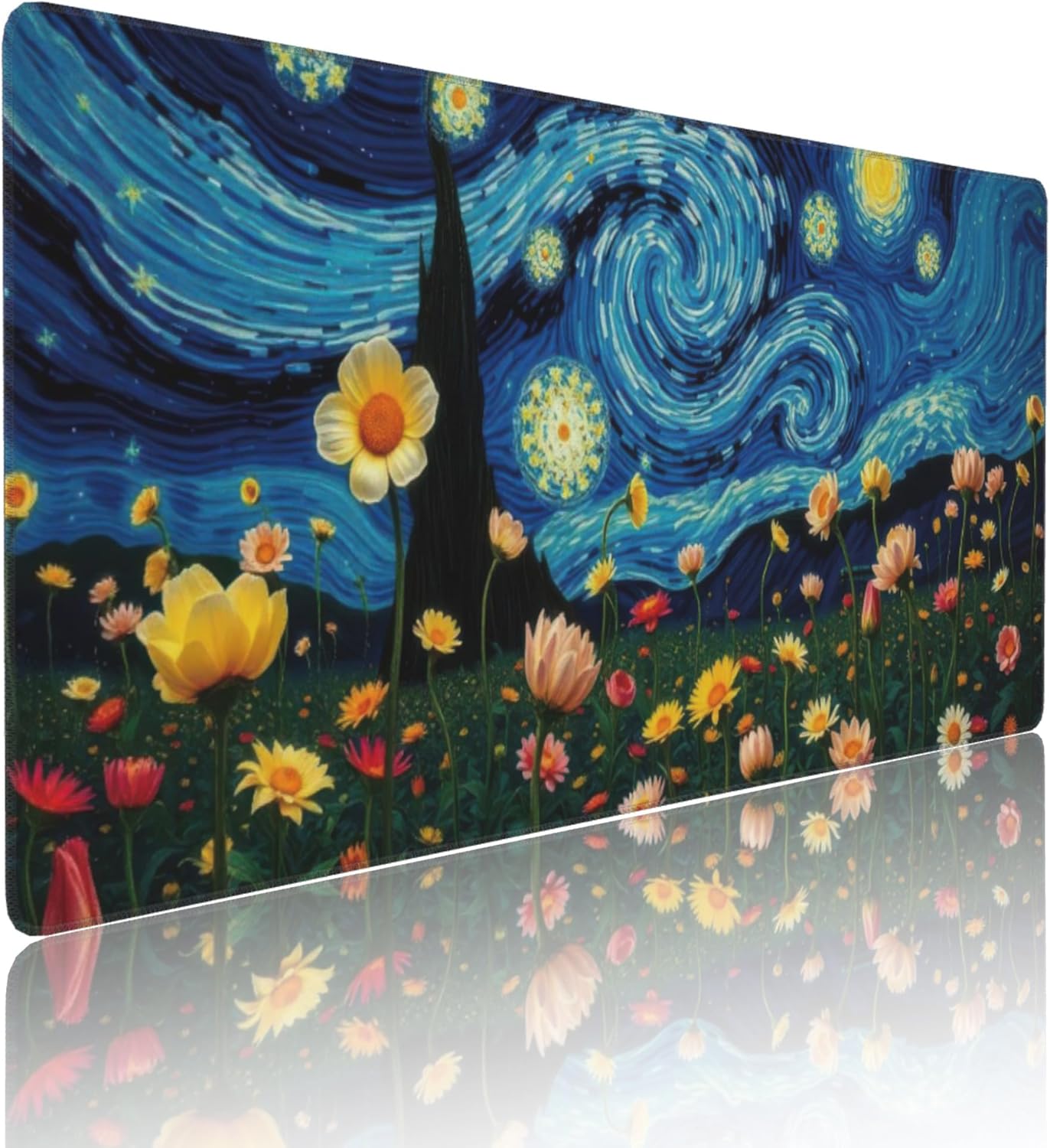 Starry Night Large Mouse Pad, Vintage Aesthetic Flowers Gaming Desk Mat, XXL Keyboard Desk Pad Mat for Desktop, 35.4"x15.7" Non-Slip Base Big Mousepad with Stitched Edges