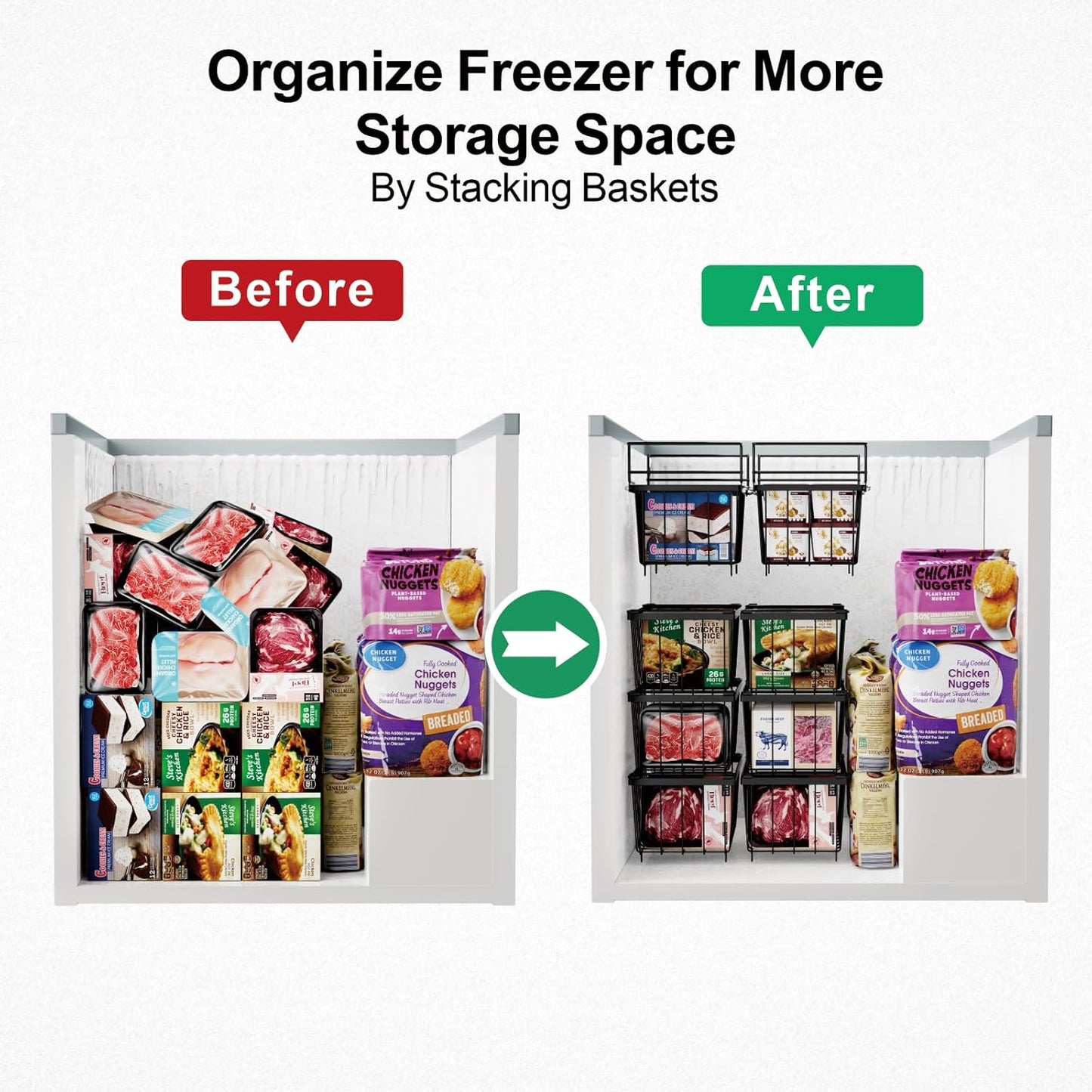 iSPECLE Chest Freezer Organizer Bins 8 Pack - Fit 7 Cu.Ft Deep Freezer, 2 Adjustable Hanging Baskets and 6 Pack Stackable Freezer Bins, Deep Freezer Organizer Bins Sort Frozen Food, Black