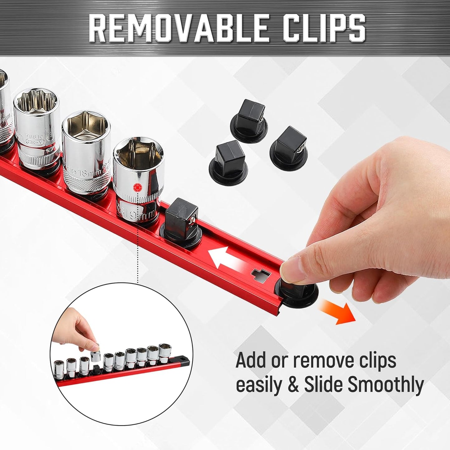 ALOANES 3-Piece Magnetic Tool Organizer, Heavy Duty Aluminum Rails, 360 Swivel Socket Holder Kit with 42 Clips (Red, 3/8-Inch)