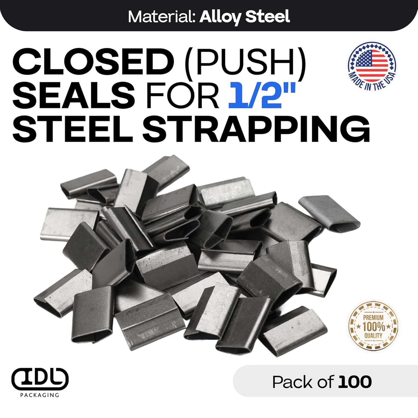 IDL Packaging Closed (Push Type) Seals for 1/2" Strap Width Steel Strapping (Pack of 100) - Superior Holding Power - Sturdy Metal Clips for Reliable Securing of Packaging Banding