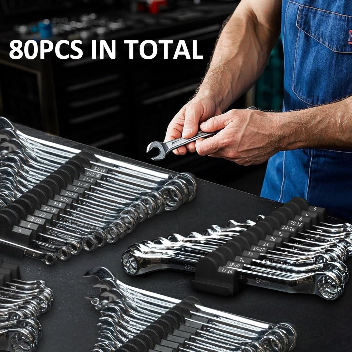 80 pcs Modular Wrench Organizers for Tool Drawers - Wrench Rack with Metric & SAE Labels, Perfect Tool Storage Holder. Gift for father, brother and boyfriend (No Magnet, Black)