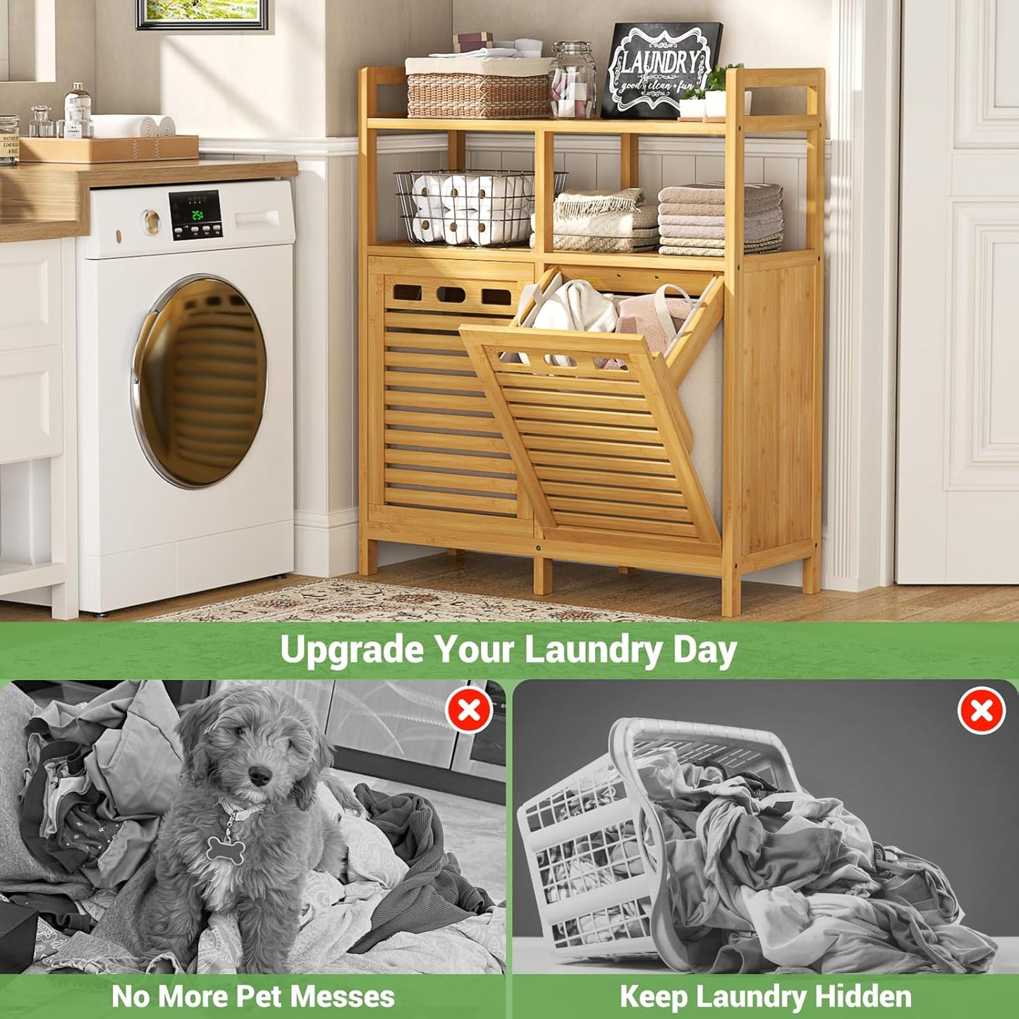 Homykic Tilt Out Laundry Hamper Cabinet, Bamboo Double Laundry Hamper with 2 Removable Laundry Baskets, 20 Gal Laundry Sorter Organizer with Shelf for Dirty Clothes, Bathroom, Laundry Room, Natural