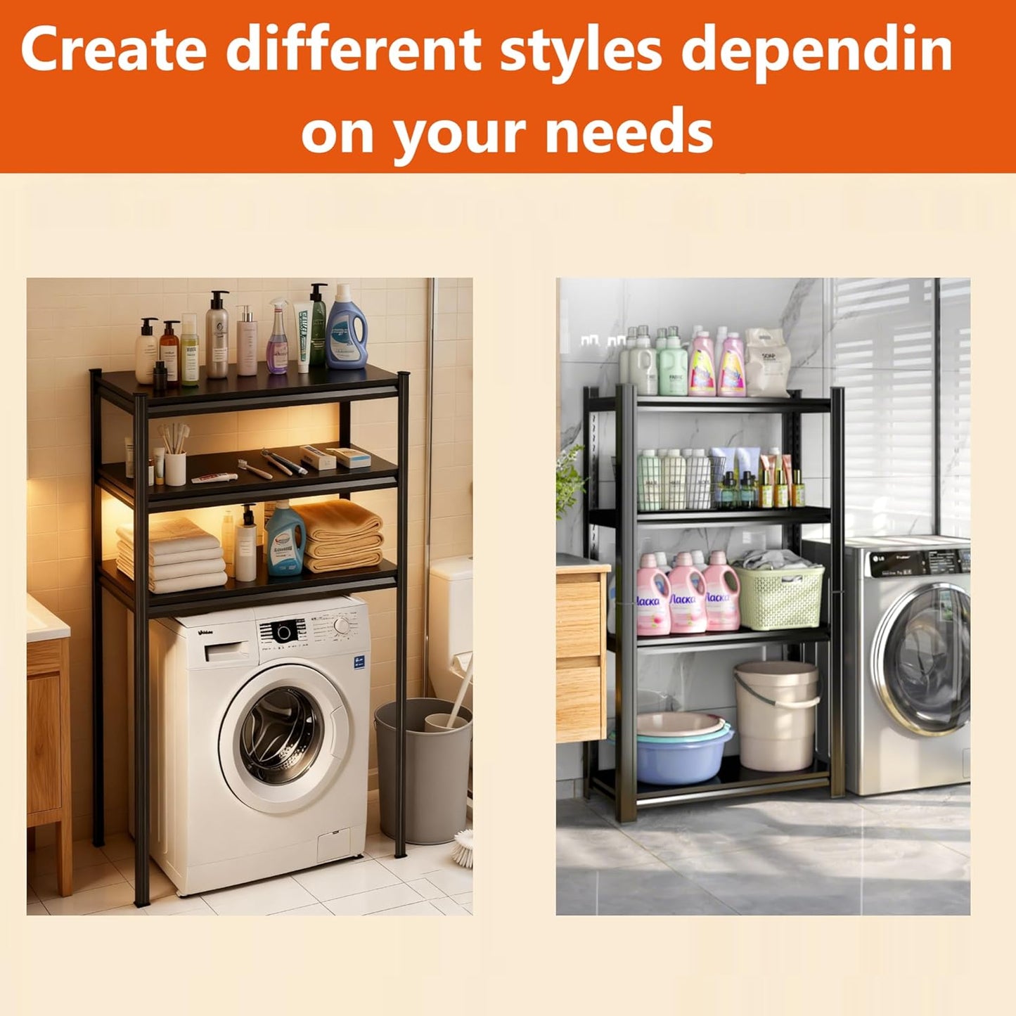 Height-Adjustable Bathroom & Laundry Storage Shelf, 3-Tier Metal Organizer Rack for Washer Dryer, Sturdy Shelving Unit for Bathroom Essentials, 63 x 35.4 x 15.7 Inches