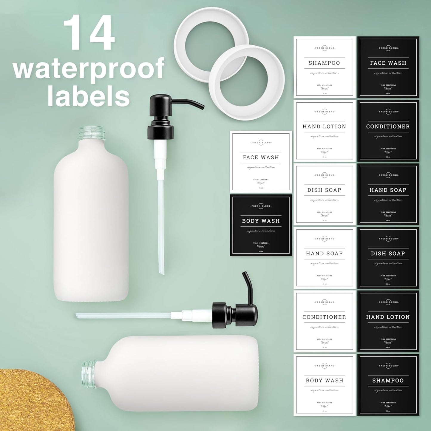 Vine Creations White Glass Soap Dispenser, 2 Pack Kitchen Soap Dispenser Set with Stainless Steel Pump, 16 oz Dish Soap and Hand Soap Dispensers for Bathroom with Waterproof Labels