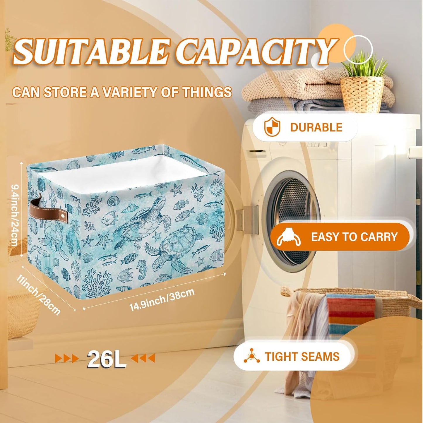 Rectangle Ocean Sea Turtle Storage Basket, Storage Box Bin with Handles for Toy, Collapsible Laundry Hamper, Laundry Organizer for Room Nursery, Gifts for Chritsmas Thanksgiving 14.9x11x9.4