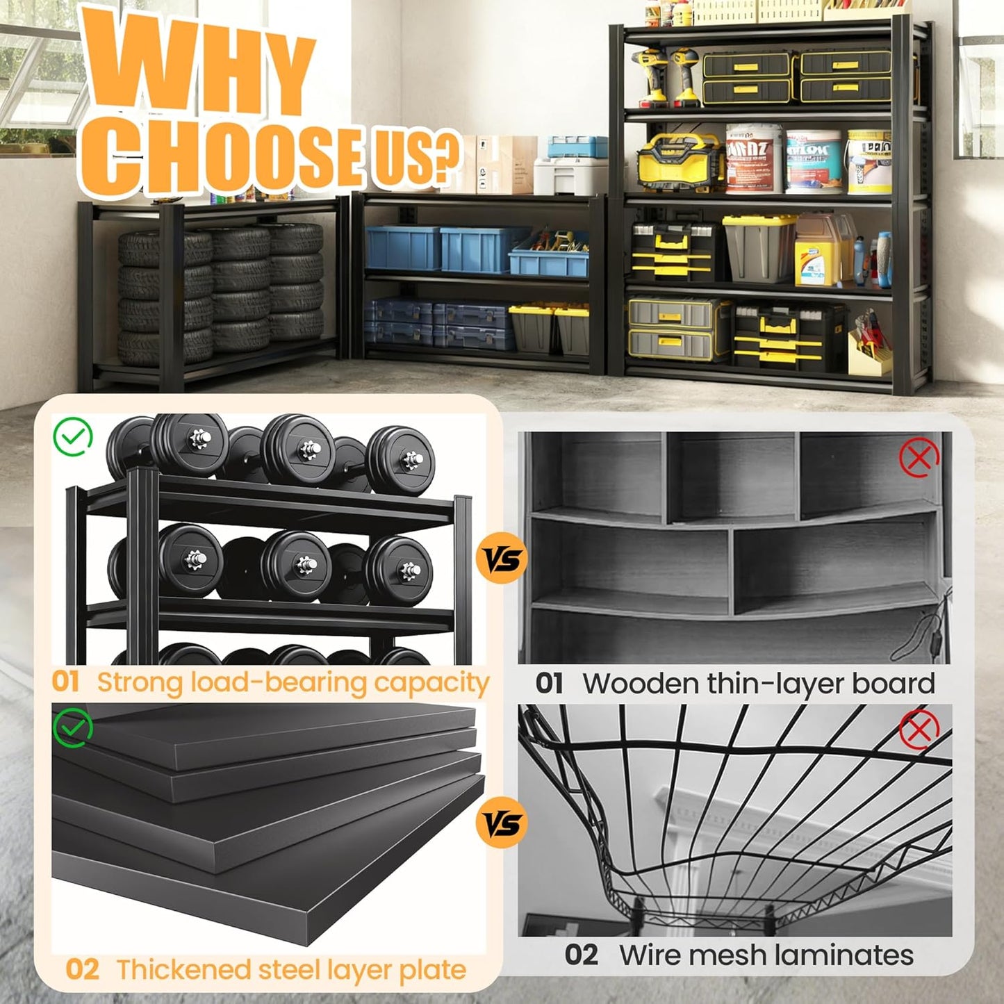78" H Garage Shelving, Heavy Duty Storage Shelves, Garage Storage Shelves, Adjustable 5 Tier Metal Shelving Unit, Utility Shelves for Warehouse Backyard, 78" H×47.5" W×18" D