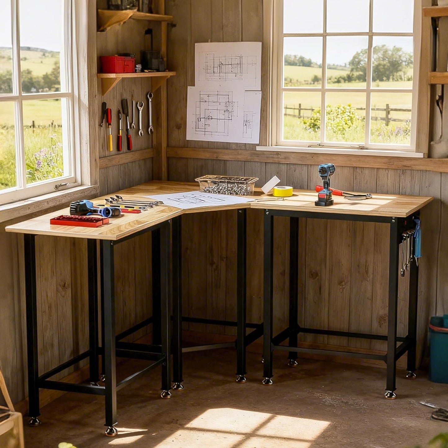 Betterhood 48"/60" Heavy-Duty Adjustable Workbench for Garage, Rubber Wood Shop Table,Hardwood Workstation Weight Capacity Over 1500 Lbs (Rubber Pad/Power Outlets/Ruler/63 x21.7 x35.8)