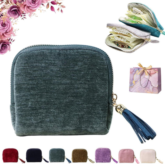 Travel Jewelry Case, Portable Jewelry Storage Bag, Compact Foldable Five Compartments Organizer Pouch with Zipper & Tassel for Earring Necklace Ring Bracelet (Dark green)