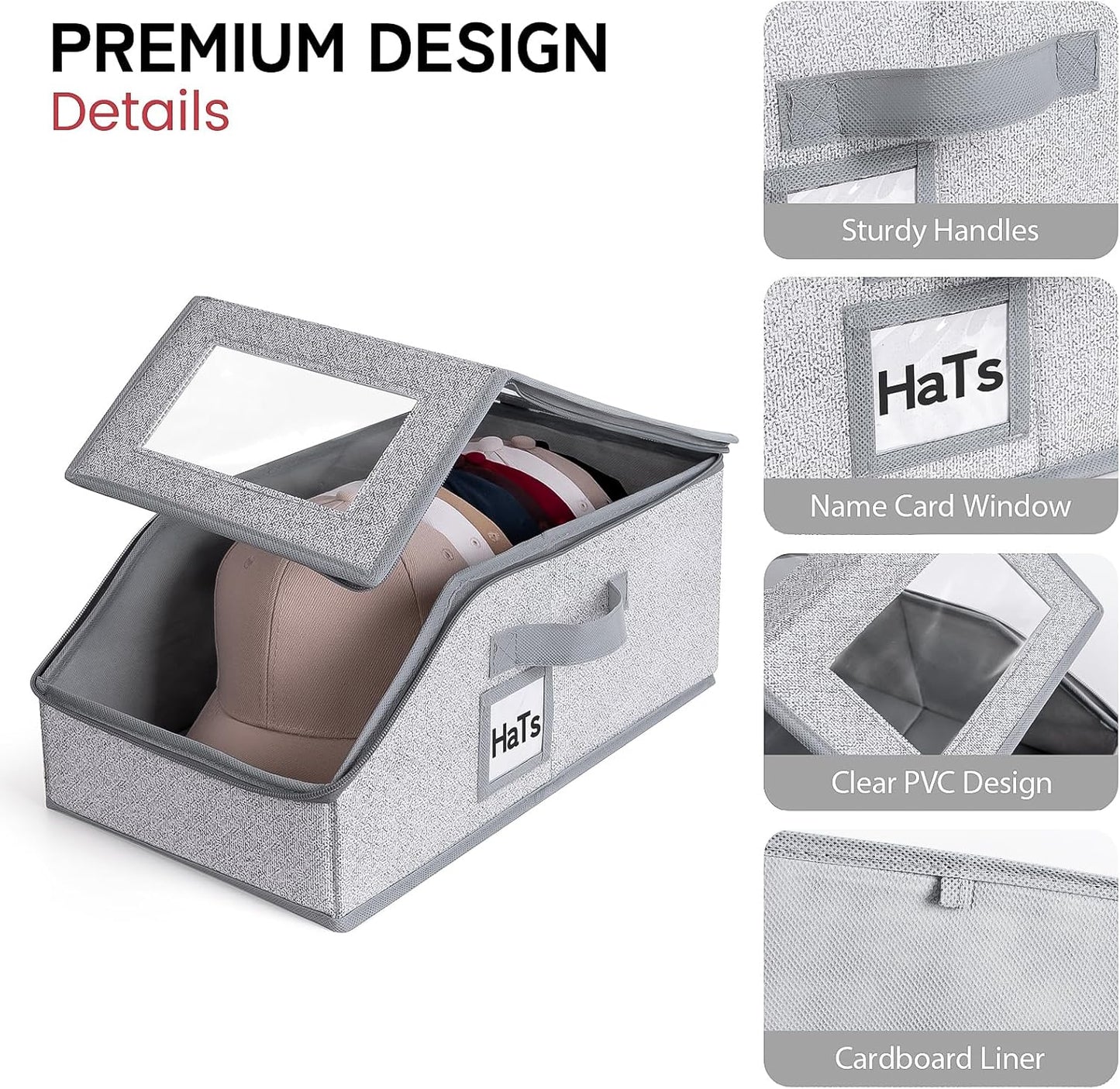 One set hat Storage for Baseball Caps,Gery Stackable box holds up to 18 Caps Hat Organizer for Closet, Black Baseball Cap and Adjustable Shoulder Strap, Hat Organizer Holder Bag for 6 Baseball Caps.