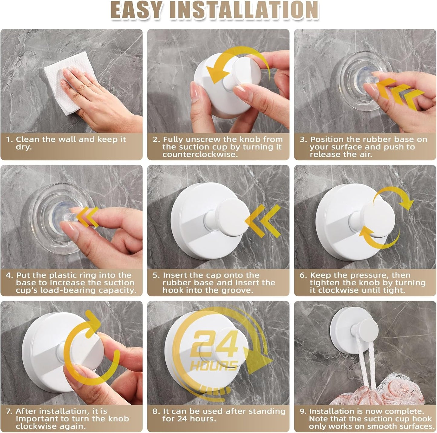 Suction Cup Hooks for Shower No-Drill Bathroom Hooks for Towels, Robes, Loofah Mountable on Bathroom Walls, Kitchen, Glass, Mirrors, Tile and Smooth,Non-Porous Surfaces (4, White)